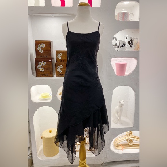 Black Mesh Asymmetrical Flowy Adjustable Spaghetti Strap Dress with Ruffle Skirt - Picture 3 of 7